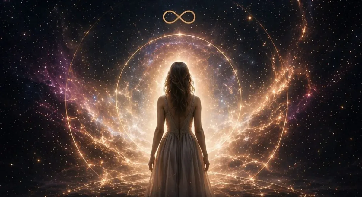 Person in a flowing dress facing a glowing cosmic circle with an infinity symbol, evoking reflective archetype exploration Person in a flowing dress facing a glowing cosmic circle with an infinity symbol, evoking reflective archetype exploration