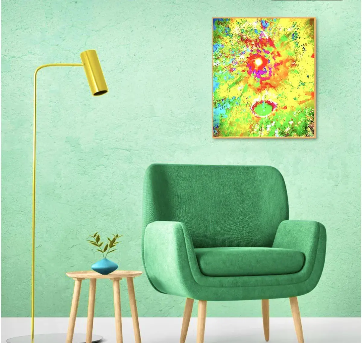 Living room seating area with a green armchair, floor lamp, plant, and colorful wall art for a spiritual art prints page Living room seating area with a green armchair, floor lamp, plant, and colorful wall art for a spiritual art prints page